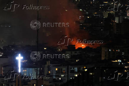 Israeli strike on Beirut's southern suburbs, after the Israeli military issued an evacuation warning for the area, as seen from Baabda