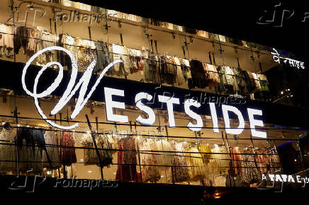 FILE PHOTO: Logo of the Indian fashion retailer Trent's flagship brand Westside is displayed in front of their showroom in New Delhi