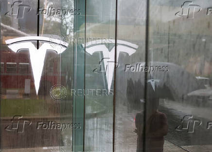 A view shows the TESLA logo at India's first Tesla showroom in Mumbai