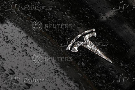 The logo of Tesla is seen on a Tesla car in Brussels