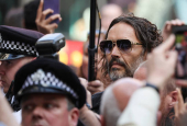 British actor and comedian Russell Brand appears at Westminster Magistrates' Court, in London