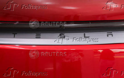 A view shows the branding on the TESLA Model Y car at India's first Tesla showroom in Mumbai