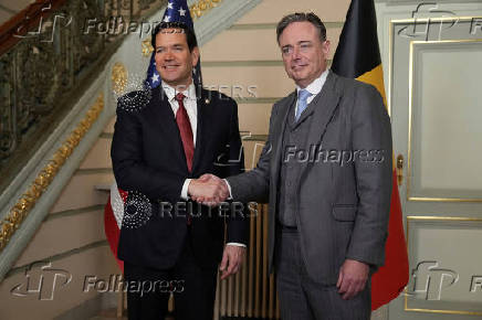 U.S. Secretary of State Marco Rubio and Belgium's Prime Minister Bart de Wever shake hands on the day of their meeting in Brussels
