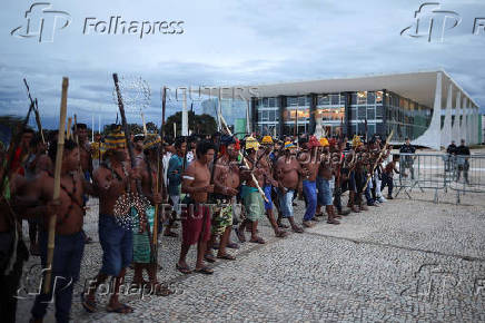 Munduruku and Guarani-Kaiowa Indigenous people take part in protest in front of the Supreme Court