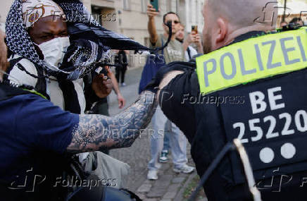 Pro-Palestinian demonstrators occupy the Emil Fischer auditorium at the Humboldt University, in Berlin