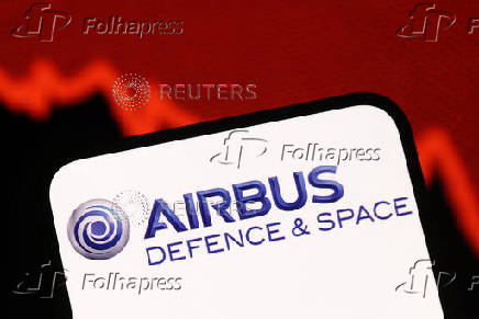 Illustration shows Airbus Defence & Space logo and decreasing stock graph