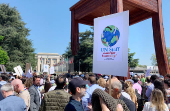 UN staff demonstrate about firing employees, outside the European headquarters, in Geneva