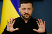 Ukraine's President Zelenskiy speaks during a press briefing, in Kyiv