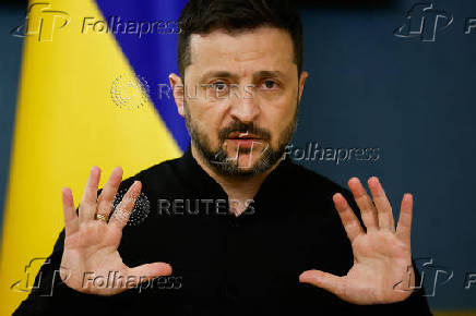 Ukraine's President Zelenskiy speaks during a press briefing, in Kyiv