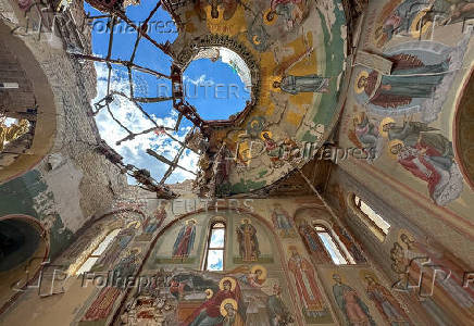A view shows a church damaged by Russian military strikes in the frontline town of Kostyantynivka
