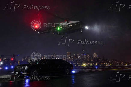 U.S. President Donald Trump arrives at the Wall Street Landing Zone, ahead of the 80th United Nations General Assembly, in New York