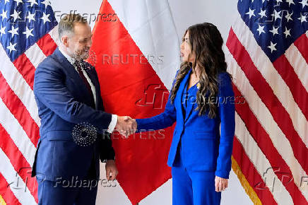Poland's conservative presidential candidate Karol Nawrocki, meets with Homeland Security Secretary Kristi Noem, in Rzeszow