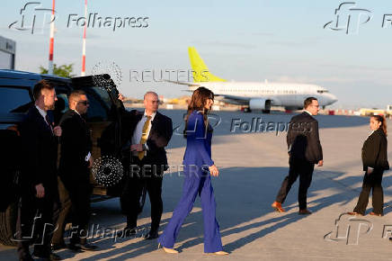 U.S. Homeland Security Secretary Kristi Noem, prepares to board a plane at the Rzeszow-Jasionka Airport, in Rzeszow