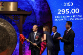Robin Zeng, founder and chairman of Contemporary Amperex Technology (CATL), and Paul Chan, Financial Secretary of Hong Kong attend the company?s listing ceremony at the Hong Kong Stock Exchange in Hong Kong