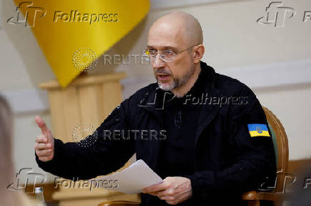 FILE PHOTO: Ukraine's Prime Minister Denys Shmyhal holds a press conference in Kyiv