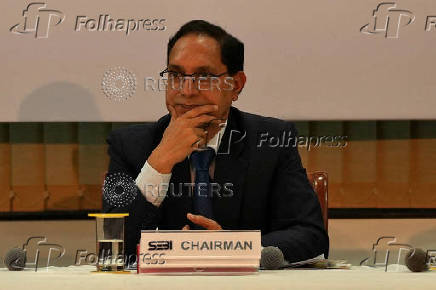 FILE PHOTO: SEBI Chairman Tuhin Kanta Pandey attends a press conference inside its headquarters in Mumbai