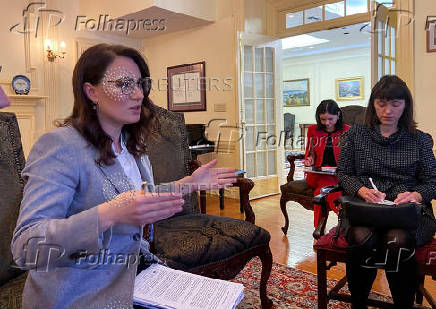 FILE PHOTO: Ukraine's Economy Minister Yuliia Svyrydenko speaks with reporters at the Ukrainian embassy after meeting with U.S. Trade Representative Katherine Tai in Washington
