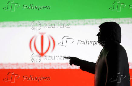 Illustration shows 3D printed miniature model of U.S. President Donald Trump and Iran flag
