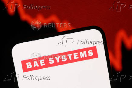 Illustration shows BAE Systems logo and decreasing stock graph