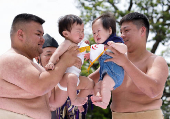 Babies take part in 'Nakizumo' or baby crying sumo contest at Senso-ji temple in Tokyo