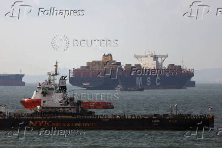 A container ship passes a drybulk carrier in the waters south of Singapore