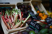 Rhubarbs are displayed for sale on a market gardener's stall on Rue des Martyrs in Paris