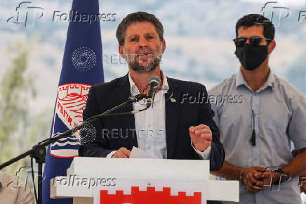 Israeli Finance Minister Smotrich speaks at a press conference regarding settlements expansion, near the Israeli settlement of Maale Adumim