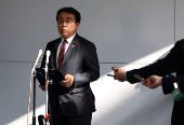FILE PHOTO: Japan's Economic Revitalization Minister Ryosei Akazawa speaks to the press in Tokyo