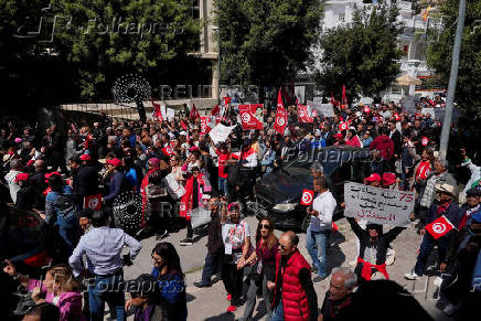 Supporters of Free Constitutional Party, whose leader Abir Moussi has been detained since October 2023, gather during a protest against Tunisian president Kais Saied in Tunis