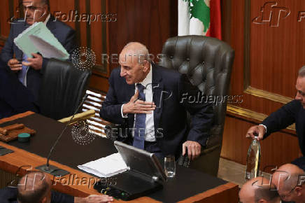 Lebanese Parliament Speaker Nabih Berri gestures as he attends a parliament session in Beirut