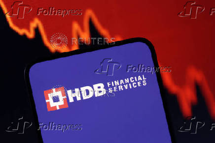 Illustration shows HDB Financial Services logo and decreasing stock graph