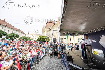 Peter Magyar, Hungarian opposition leader, delivers a speech in Szekesfehervar