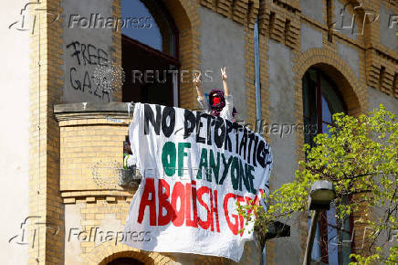 Pro-Palestinian demonstrators occupy the Emil Fischer auditorium at the Humboldt University, in Berlin