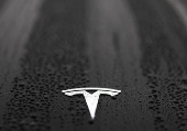 The logo of Tesla is seen on a Tesla car in Brussels