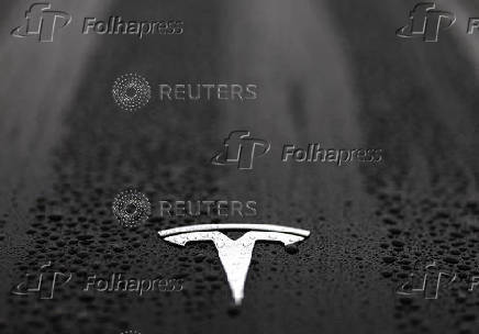 The logo of Tesla is seen on a Tesla car in Brussels
