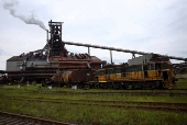 A Torpedo Car, also known as hot metal car, leaves the No.4 Blast Furnace at Nippon Steel's East Nippon Works Kimitsu Area plant in Kimitsu
