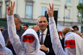 Siarhei Tsikhanouski attends a rally organised by Belarusian diaspora in Warsaw