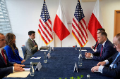 Poland's conservative presidential candidate Karol Nawrocki, meets with Homeland Security Secretary Kristi Noem, in Rzeszow
