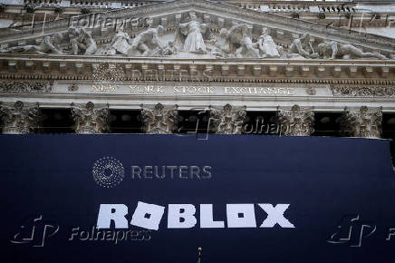FILE PHOTO: The Roblox logo is displayed on a banner, to celebrate the company's IPO at the NYSE is seen in New York