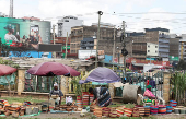 Women weave sisal and recycled polythene to make traditional handwoven basket known as Kiondo at the Mwariro Market in Kariokor district of Nairobi