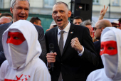 Siarhei Tsikhanouski attends a rally organised by Belarusian diaspora in Warsaw