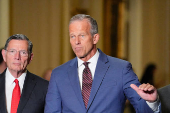 U.S. Senate Majority Leader John Thune talks to reporters on Capitol Hill