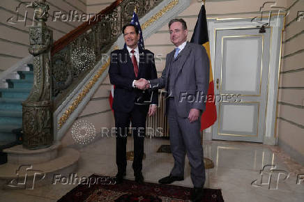 U.S. Secretary of State Marco Rubio and Belgium's Prime Minister Bart de Wever shake hands on the day of their meeting in Brussels