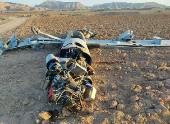 A destroyed drone, which the Iranian Army says belongs to Israel, is seen in Isfahan