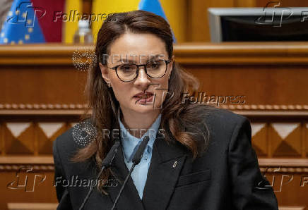FILE PHOTO: A newly appointed Ukrainian Prime Minister Yulia Svyrydenko attends a session of Ukrainian parliament in Kyiv