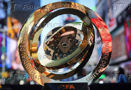 The FIFA Club World Cup 2025 winners trophy is displayed in Times Square in New York City