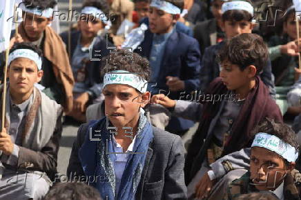 Houthi supporters protest against the USA, Israel