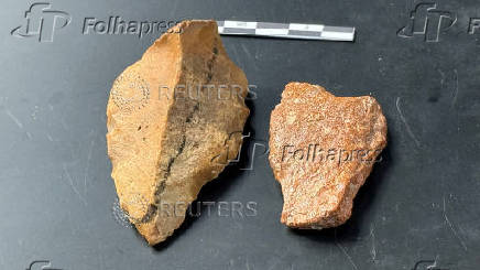 Stone tools are pictured at the site where archaeologists from Australia and Indonesia found artefacts, which scientists say may be evidence of humans living there 1.5 million years ago, in Soppeng