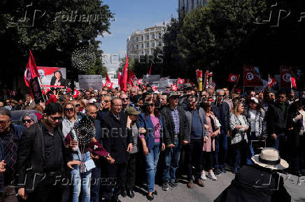 Supporters of Free Constitutional Party, whose leader Abir Moussi has been detained since October 2023, gather during a protest against Tunisian president Kais Saied in Tunis