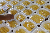 A stall owner arrangers vacuum packed durians for sale in Chinatown, Singapore